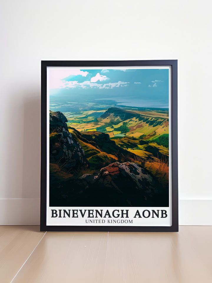 Vintage travel print of Binevenagh Woodlands Lough Foyle featuring the stunning views of Northern Irelands Antrim Plateau and the expansive Binevenagh Mountain a beautiful addition to your art collection