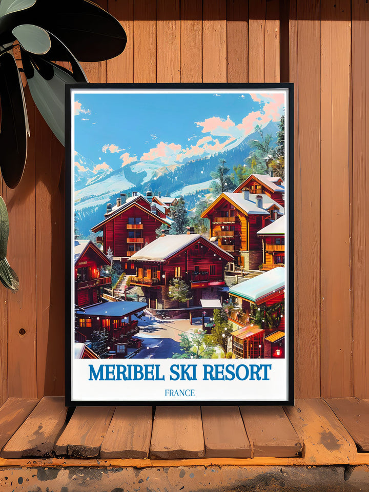 Beautiful Meribel Village decor with a classic skiing scene. This modern print showcases the resorts picturesque landscapes and is perfect for enhancing your homes alpine themed decor.