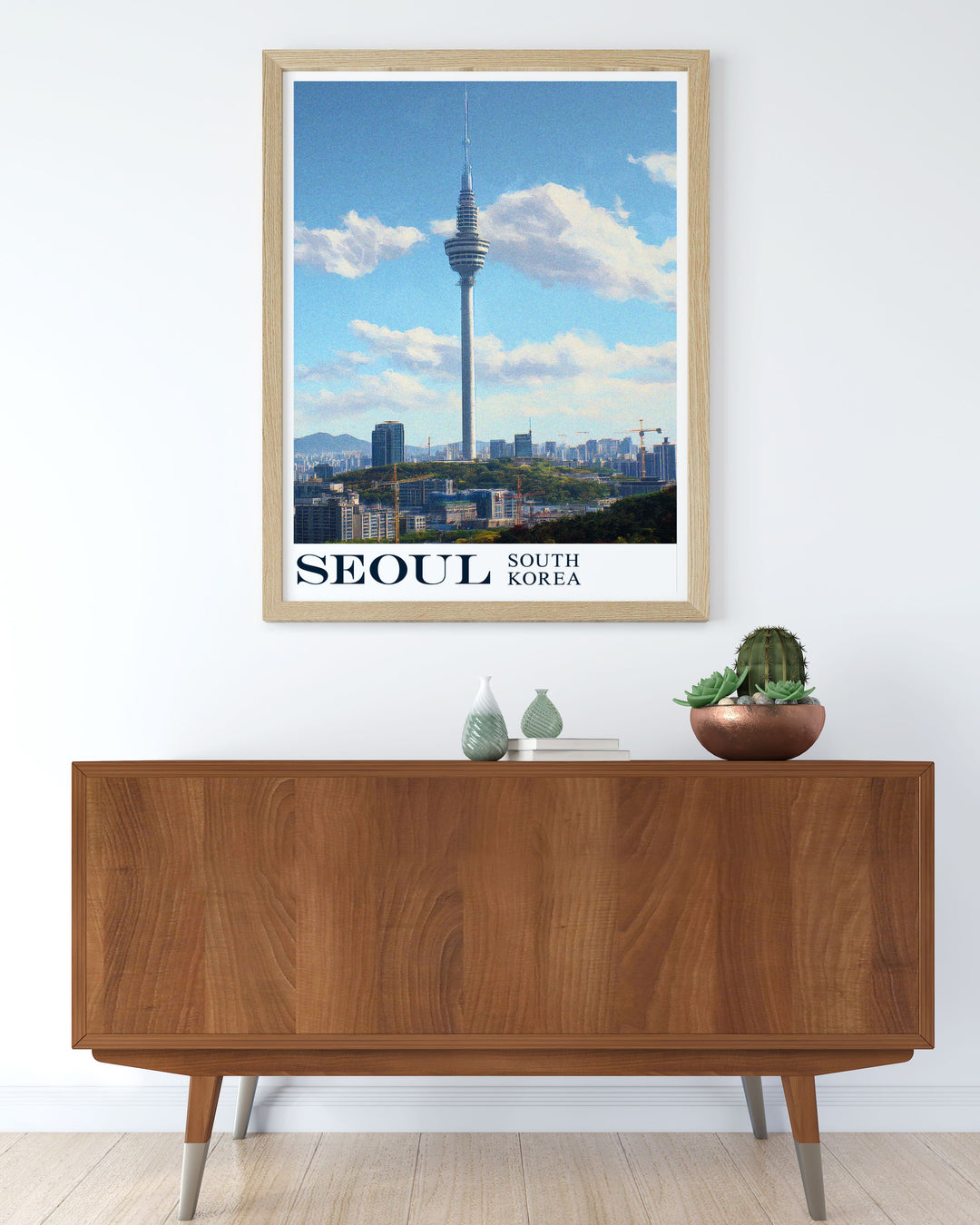 This vintage inspired poster of Seoul Tower captures the essence of the citys skyline, blending traditional and modern elements, perfect for those who appreciate the cultural richness and architectural beauty of Seoul.