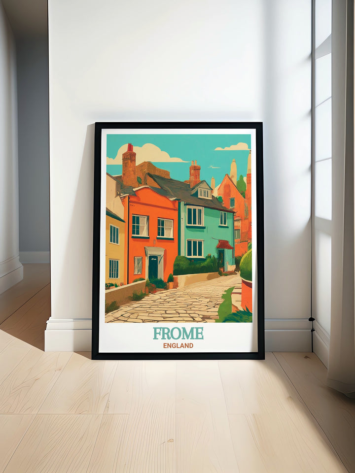 A Frome poster print that celebrates the blend of history and creativity in one of Somersets most loved towns. This artwork makes an ideal travel gift, offering a piece of Englands timeless beauty for any art lover or traveler.