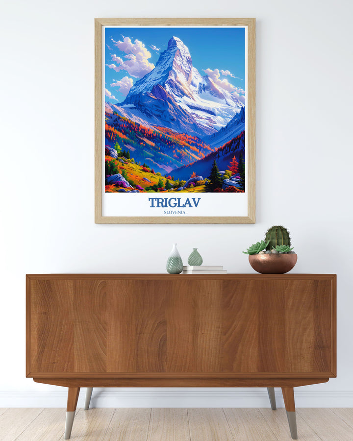 Experience the breathtaking beauty of Triglav Peak with this stunning vintage travel print featuring Mount Triglav and the Julian Alps Slovenia a perfect addition to any space for those who appreciate the grandeur of national parks and mountain landscapes.