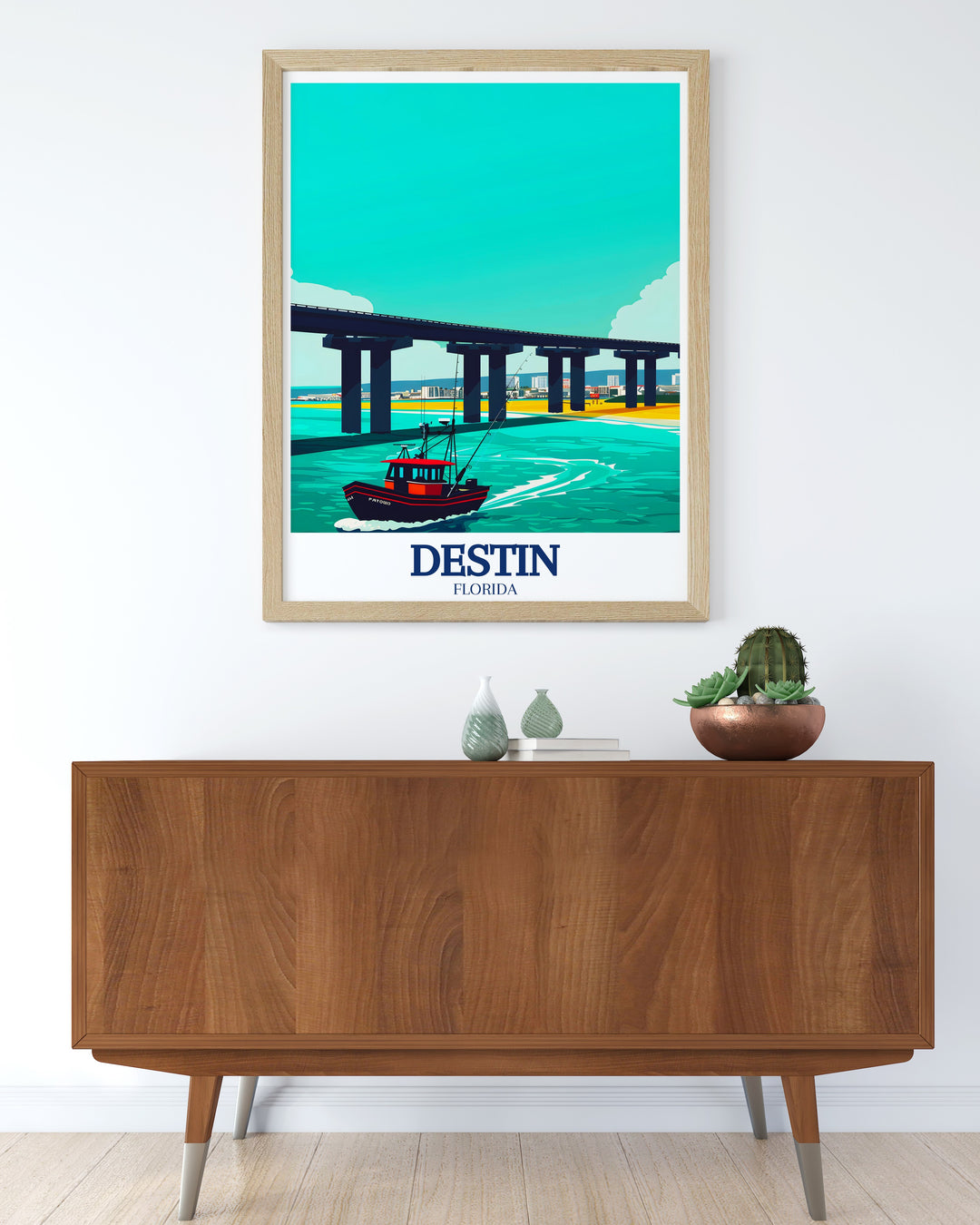 Destin Beach Florida travel print depicting the sun soaked shores and iconic harbor bridge of this coastal town. This wall art is a perfect gift for beach lovers, bringing the warmth and charm of Destin into any space.