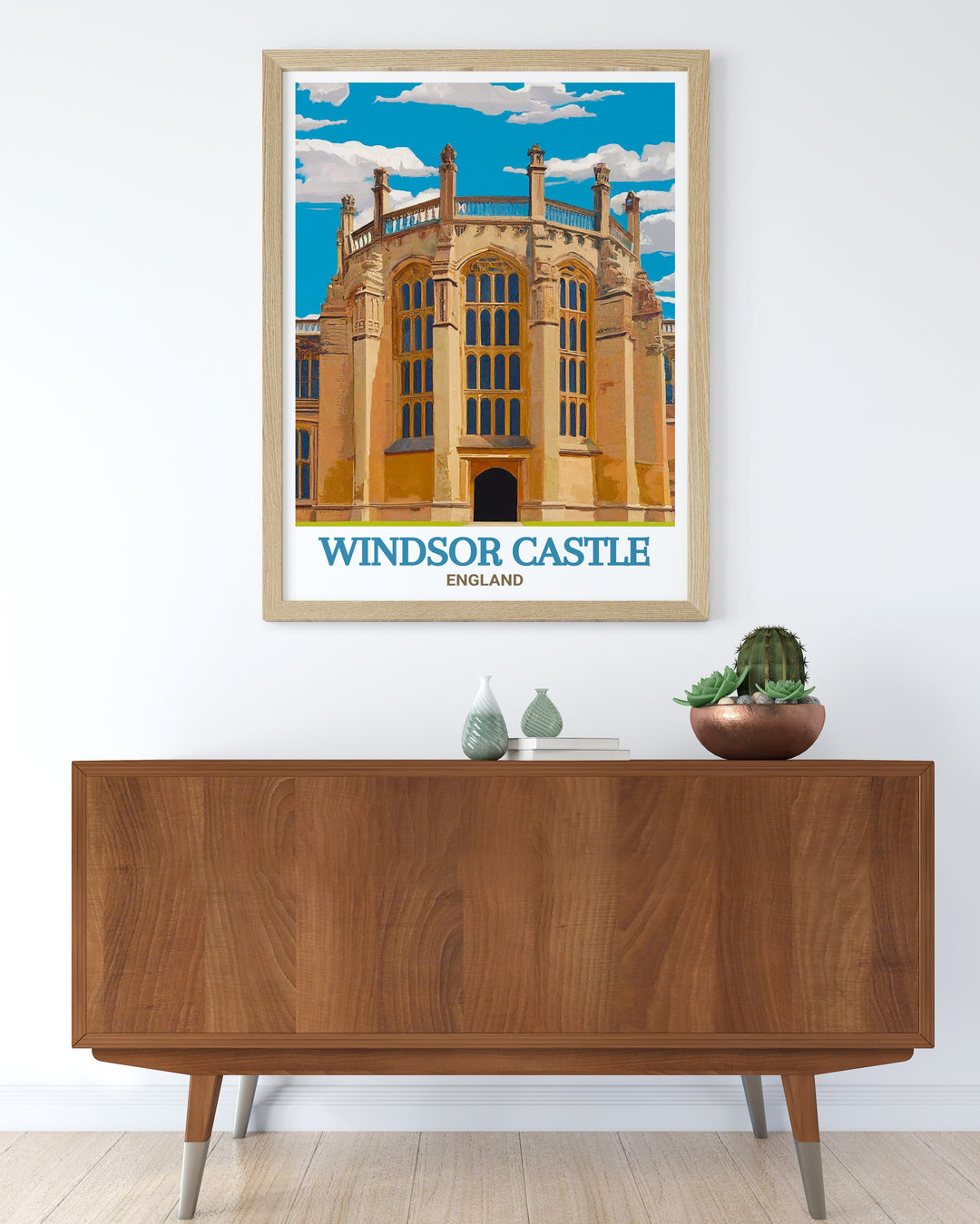 Travel print featuring St. Georges Chapel at Windsor Castle, a landmark of Gothic architecture known for royal ceremonies and burials. This artwork captures the intricate beauty of the chapel, making it an excellent addition for those interested in British royal history and iconic landmarks.