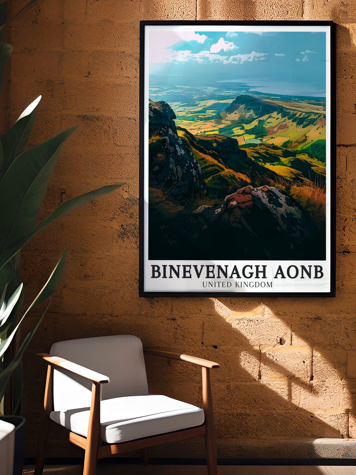 National Park poster of Binevenagh Woodlands Lough Foyle celebrating the natural beauty of Northern Ireland with its rich green woodlands and reflective waters perfect for nature enthusiasts