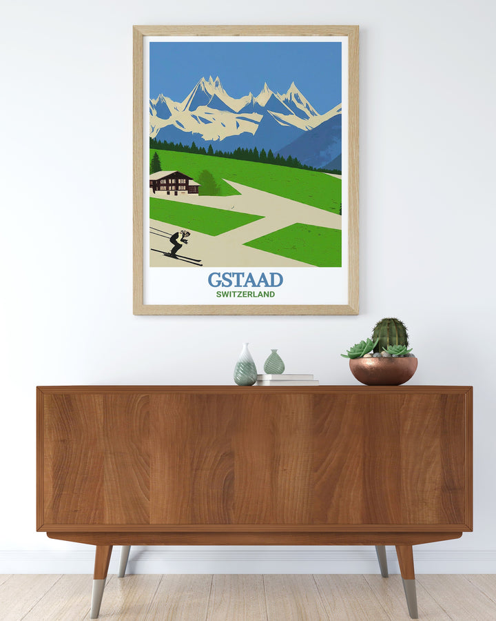 Our Gstaad travel poster captures the timeless elegance of this luxurious alpine town. With its stunning winter scenery and iconic chalets, Gstaad is known for attracting visitors from around the world. This poster brings the charm and beauty of Gstaad into your home, making it the perfect gift or decor for anyone who loves Swiss travel and alpine adventure.