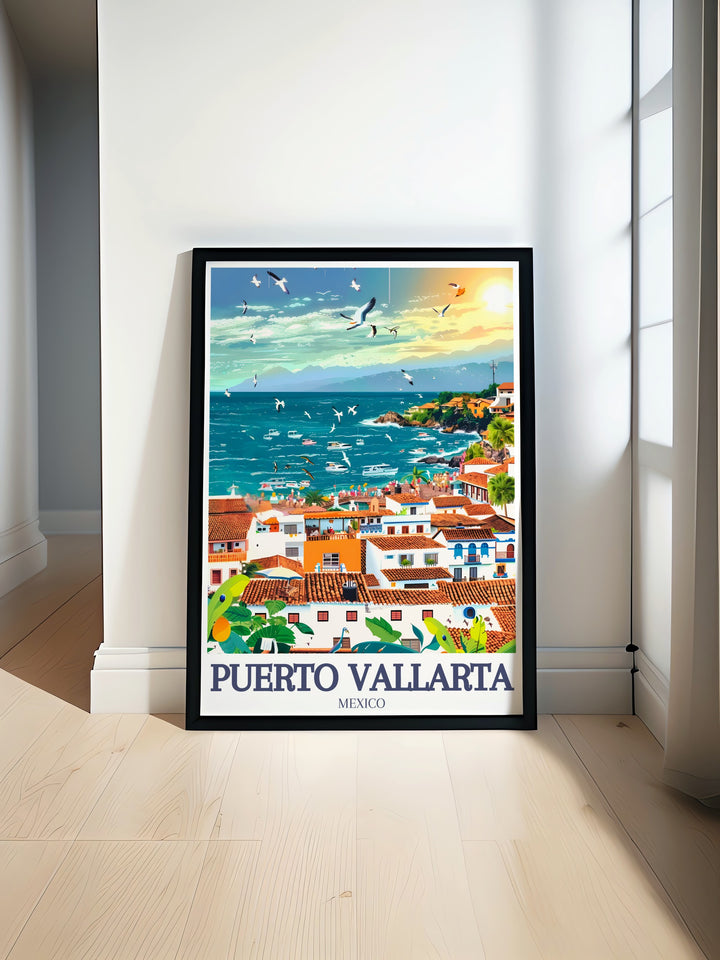 A stunning fine line print of Puerto Vallarta showcasing the citys beauty along Banderas Bay and Puerto Vallarta beach. This minimalist black and white art print is perfect for home decor or as a thoughtful travel gift, celebrating the charm and elegance of one of Mexicos most famous coastal destinations.