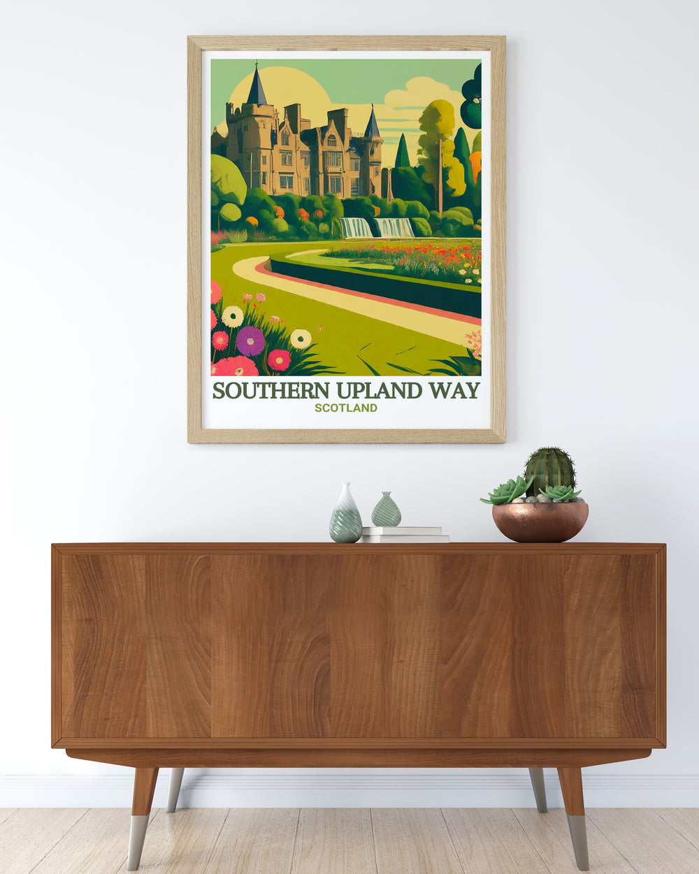 Southern Upland Way art print showcasing the diverse ecosystems and tranquil scenery of this popular hiking trail. This artwork is ideal for enhancing your home decor, offering a visual journey to one of Europes most scenic long distance trails.