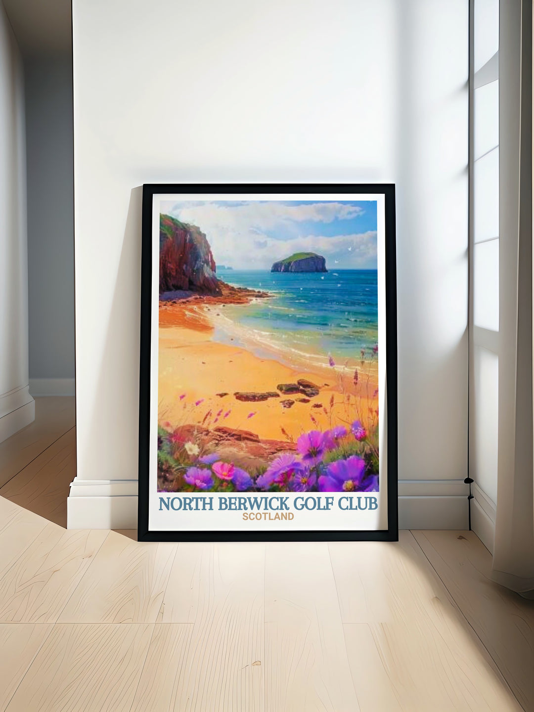 Scotland Canvas Art featuring North Berwick Golf Clubs iconic greens and the nearby Seacliff Beach. This detailed artwork is perfect for fans of Scottish landscapes, combining golf heritage with the stunning coastal views of East Lothian, ideal for any living room or office.