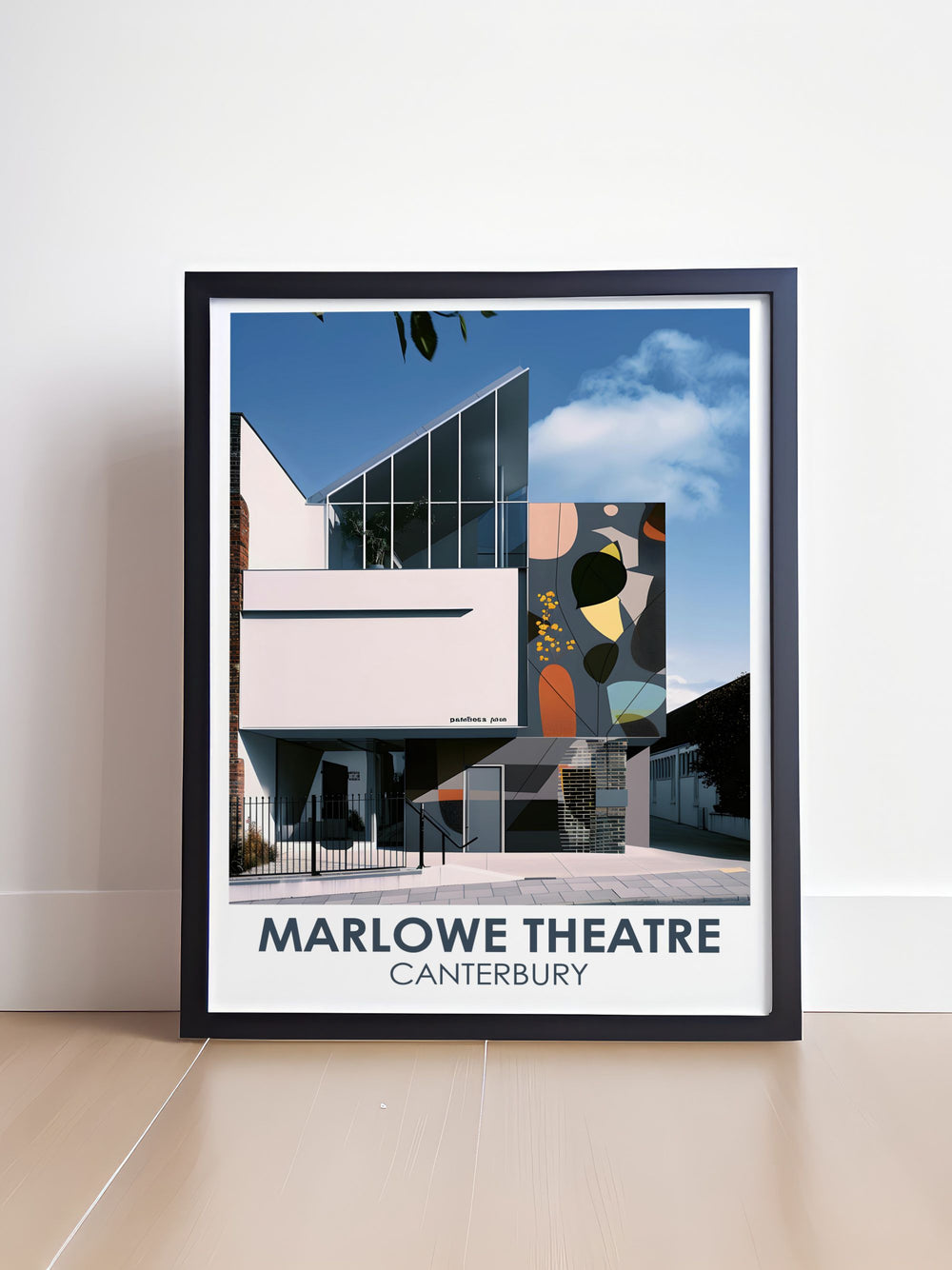 Experience the cultural essence of Canterbury with this travel poster of the Marlowe Theatre, featuring its modern architectural beauty and vibrant atmosphere, ideal for enhancing any living space with a touch of artistic elegance.