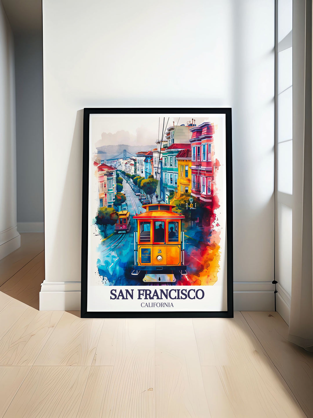 This poster print of San Franciscos Taylor Street and the Golden Gate Bridge brings the iconic beauty of the city into your home. Its a perfect reminder of the West Coasts charm and architectural marvels.