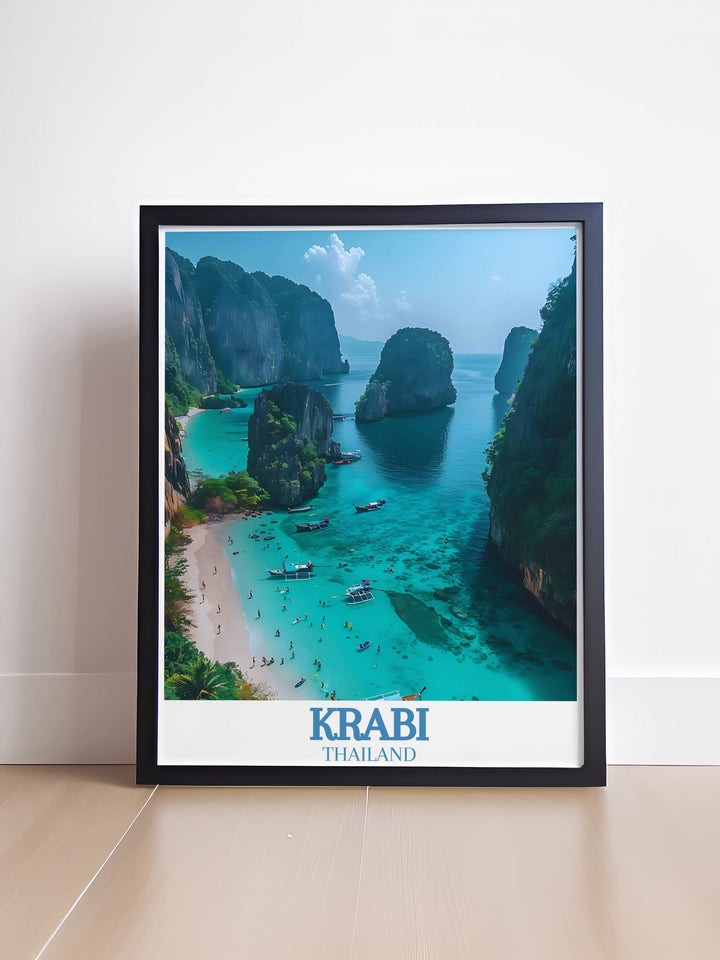 Discover the captivating allure of Krabi Island and Railay Beach with this vibrant wall art print showcasing iconic limestone cliffs and pristine beaches ideal for adding a touch of exotic elegance to your home decor or as a unique travel gift.