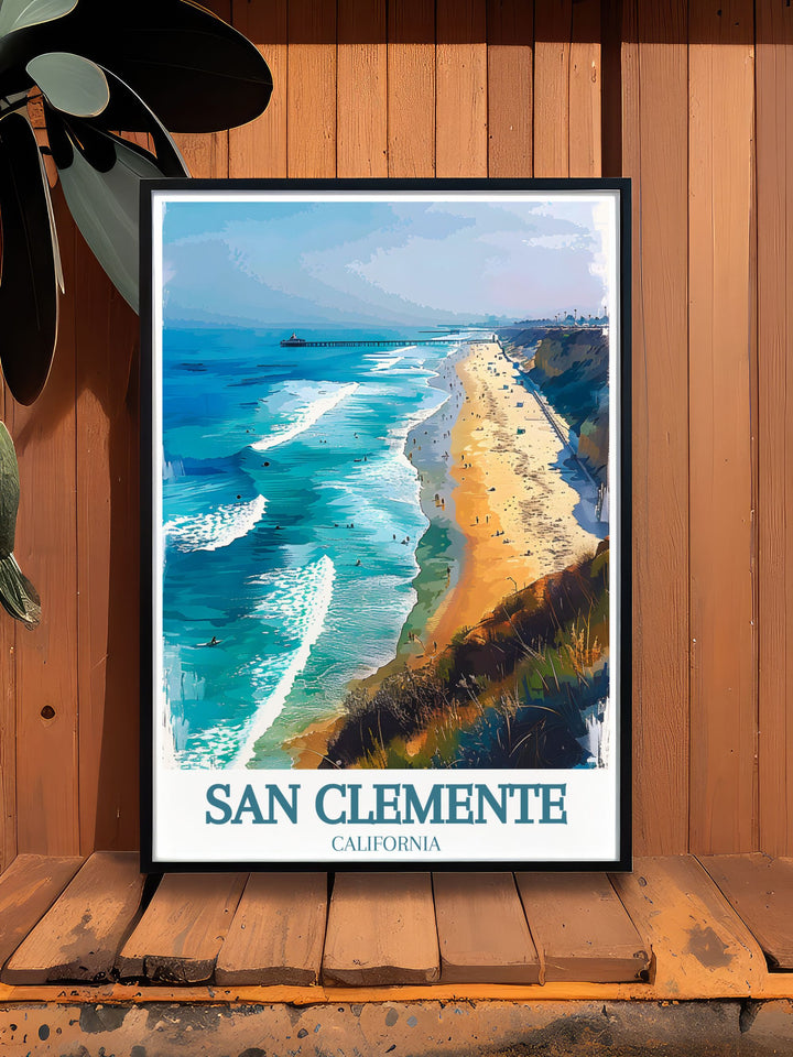 Modern Art Print of San Clemente highlighting the iconic San Clemente train rail San Clemente pier. This vibrant piece is perfect for living room decor adding a unique and stylish touch to your space.