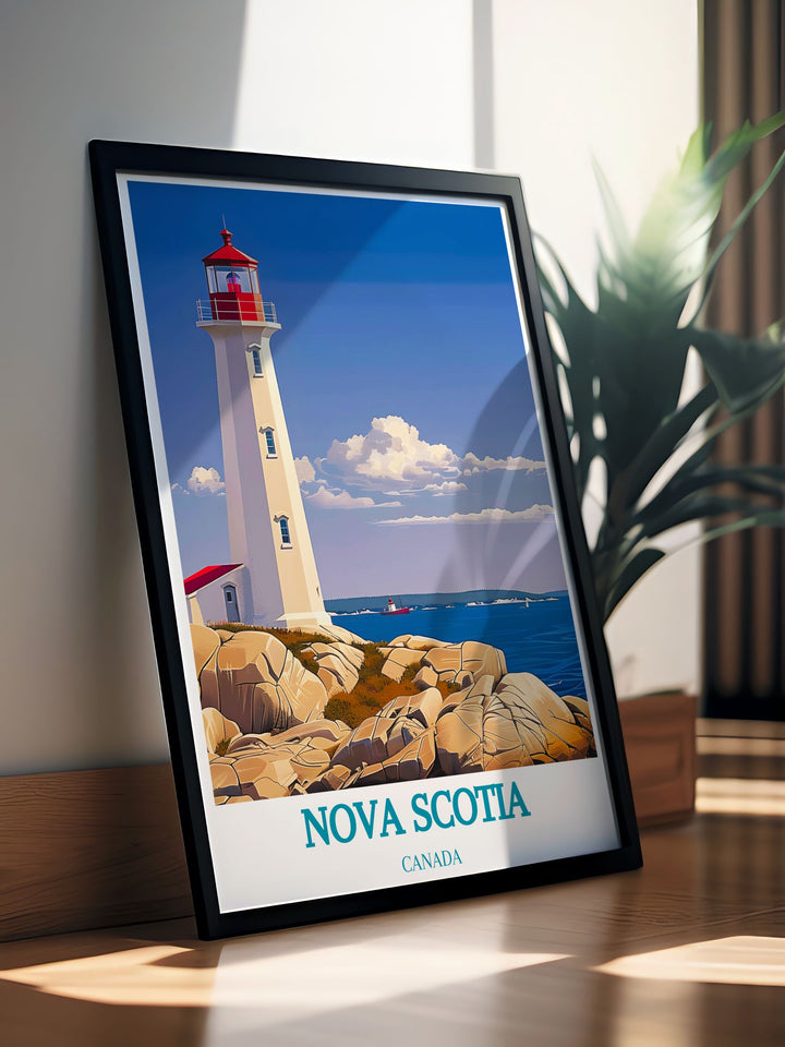 Beautiful Peggys Cove framed print showcasing the iconic lighthouse and picturesque harbor of Nova Scotia. This Canadian art piece adds elegance to any room and is a perfect gift for those who cherish travel and scenic landscapes.