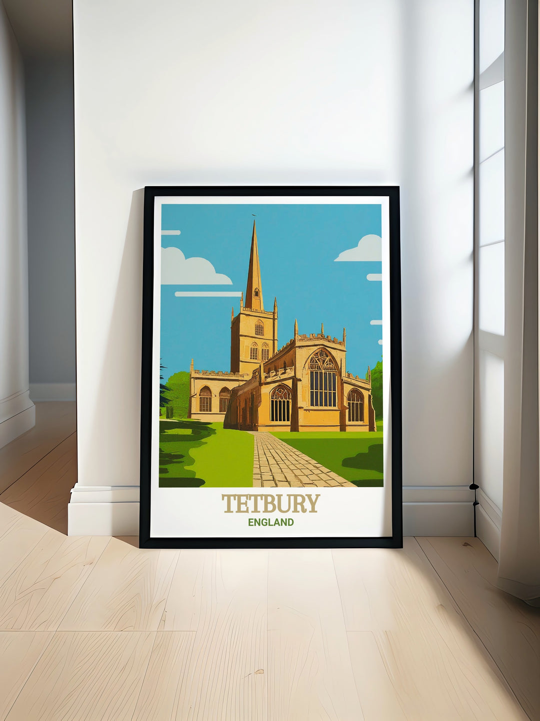 A beautiful depiction of Tetburys market town charm with the majestic spire of St Marys Church in the background. This wall art is ideal for those looking to bring a piece of England into their home.