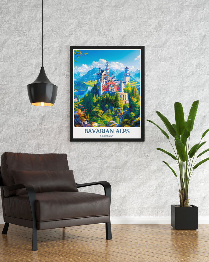 Captivating Bavarian Alps travel poster featuring the picturesque Neuschwanstein Castle and the serene Alpsee Lake. Perfect for enhancing your home or office decor with the enchanting beauty of Germany.