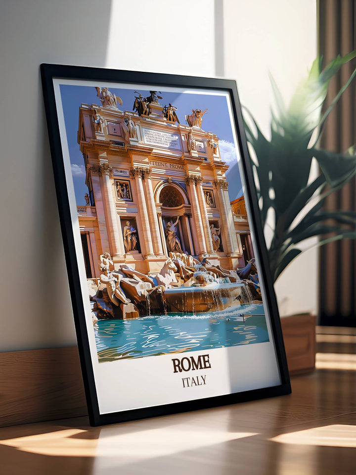 Sophisticated Trevi Fountain Modern Decor illustrating the iconic Rome Italy landmark. This stunning art print adds a refined touch to your home and makes a great travel gift for art enthusiasts.