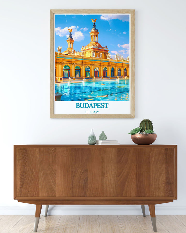 Colorful Budapest art print featuring the Szechenyi Thermal Bath a great choice for adding elegance and calm to your living room decor