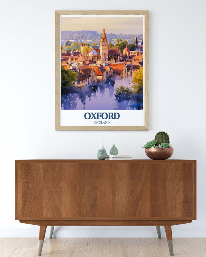 Modern Oxford travel print featuring the iconic All Saints Church and Lincoln College ideal for sophisticated home decor and Oxfordshire gift ideas