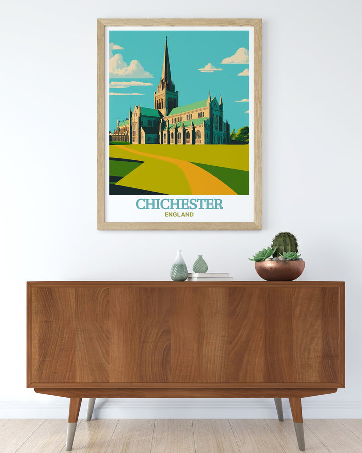 This Chichester travel print combines the historic charm of Chichester Cathedral with the natural beauty of the surrounding area, making it a versatile piece for any room in your home.