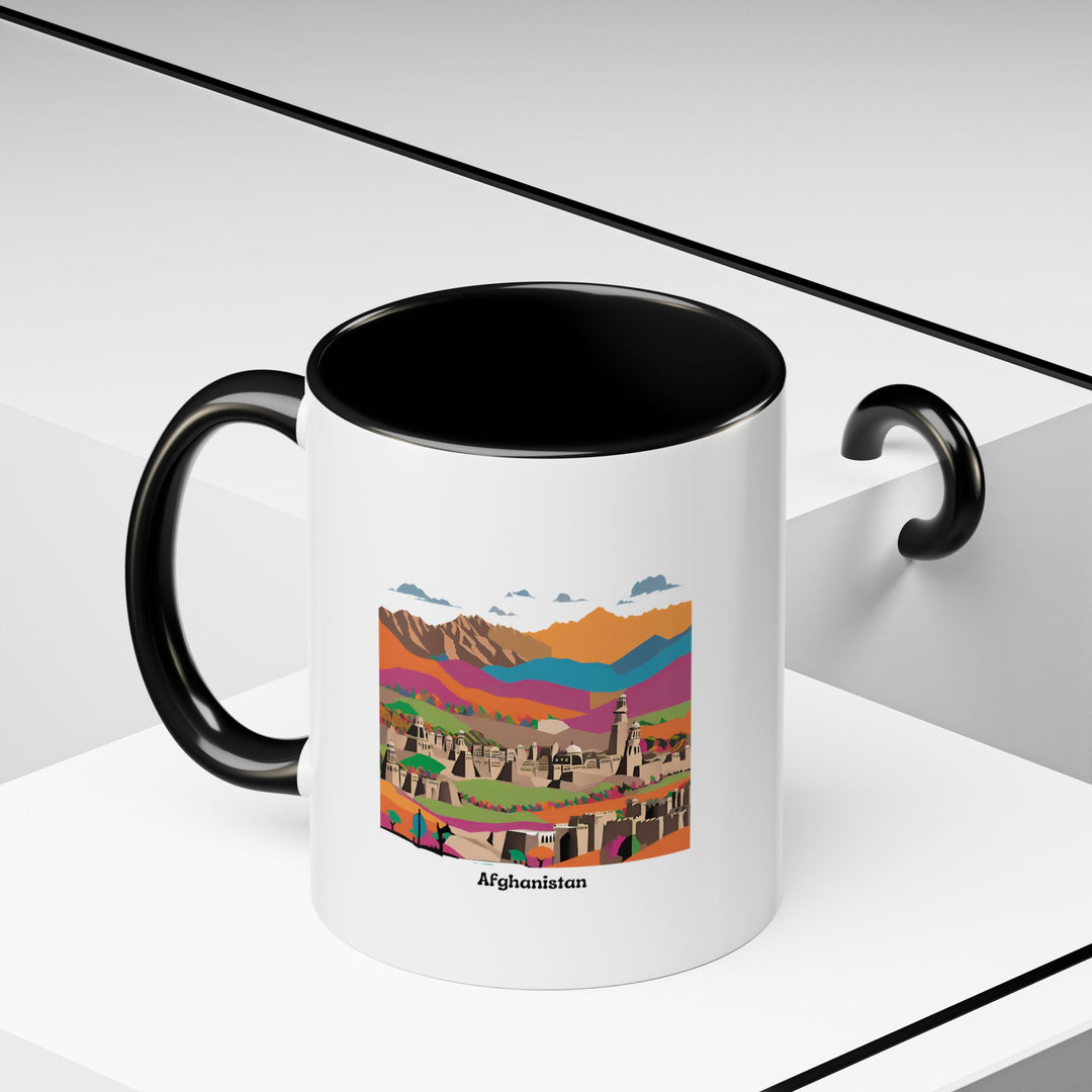 The Afghanistan Mug is a vibrant ceramic cup featuring artistic Afghan landscapes and cultural motifs. Its dishwasher-safe construction makes it ideal for everyday use, while its unique design serves as a thoughtful gift for coffee enthusiasts and art lovers.