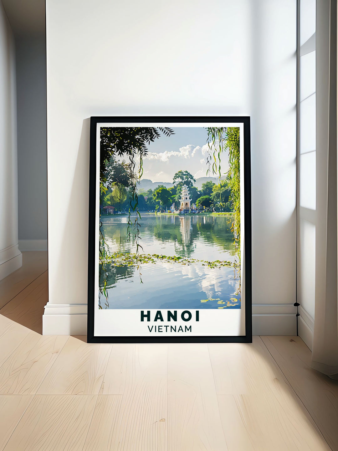 The travel poster of Hoan Kiem Lake captures its serene waters and historic significance, highlighting the peaceful charm of this iconic landmark in Hanoi, Vietnam.