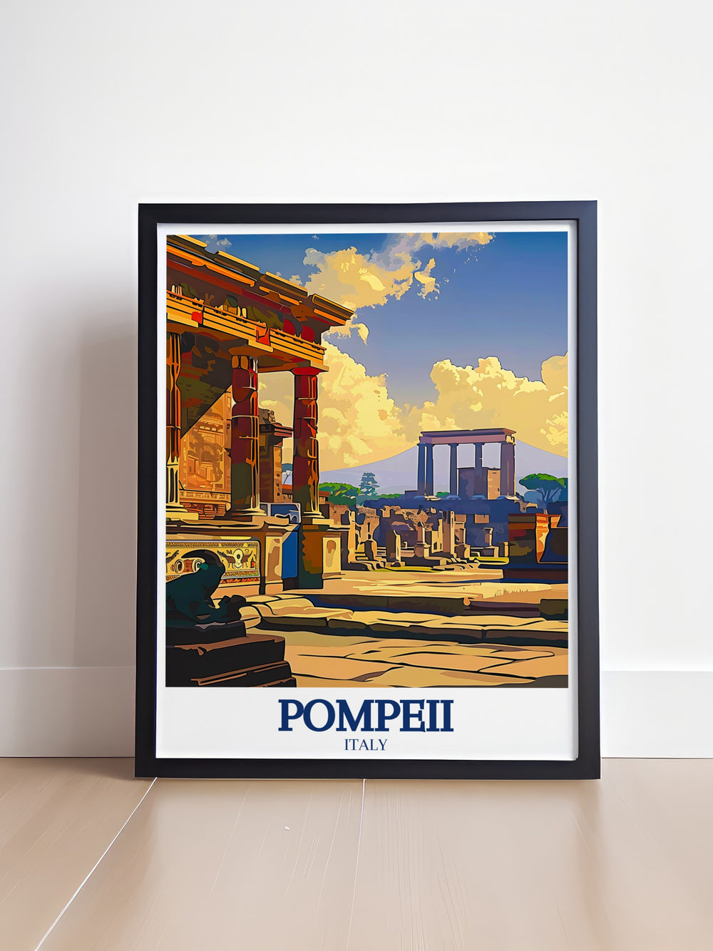 Pompeii travel print illustrating the detailed ruins of the Pompeii Forum and the House of the Faun, offering a perfect blend of history and art. This wall poster is a must have for those who dream of exploring the ancient wonders of Rome and Pompeii.