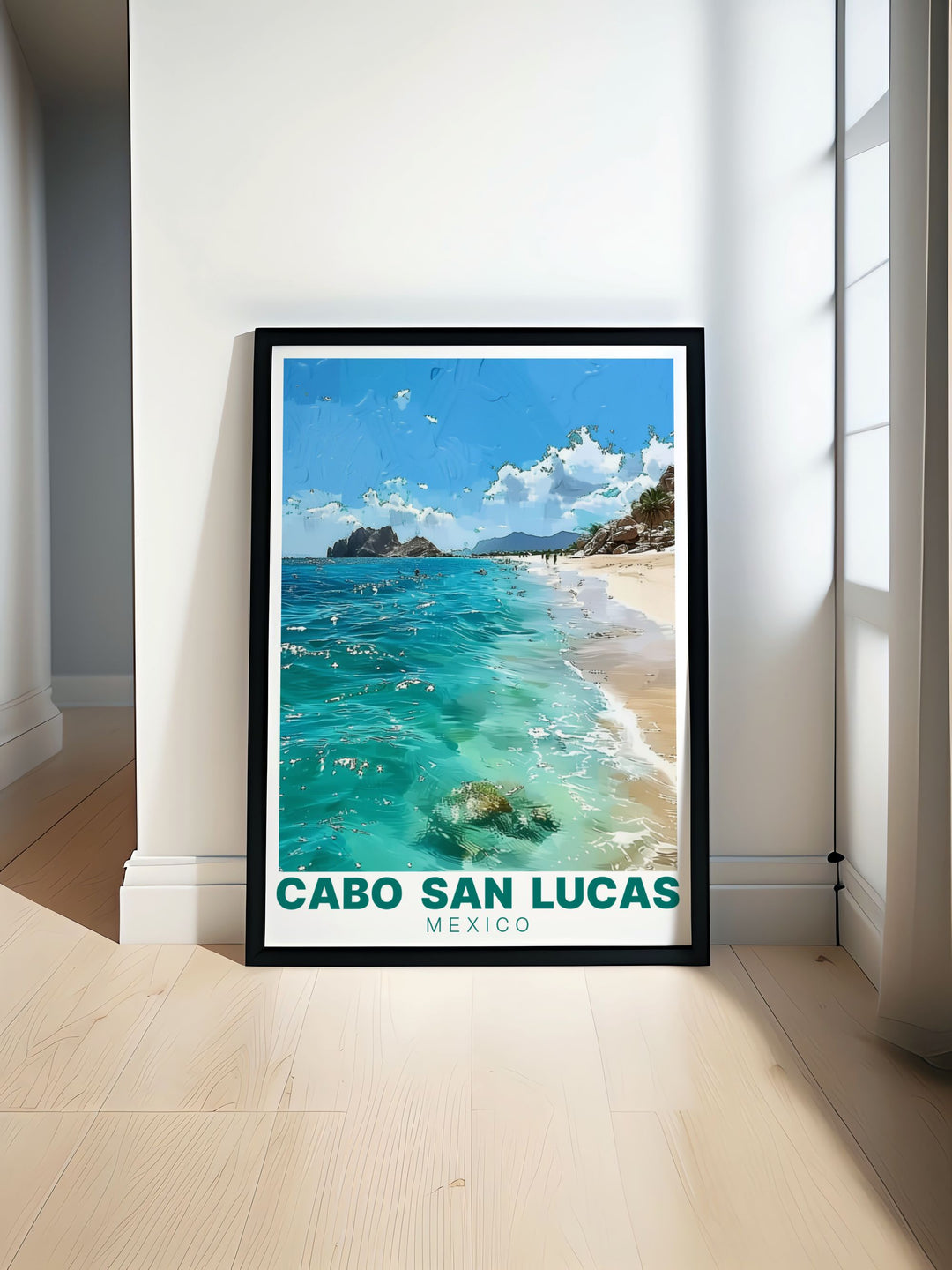 Beautiful Cabo San Lucas print featuring the iconic Lovers Beach in black and white Perfect for home decor or as a gift this travel poster showcases the stunning natural beauty of Lovers Beach and brings a touch of Mexico into your living space