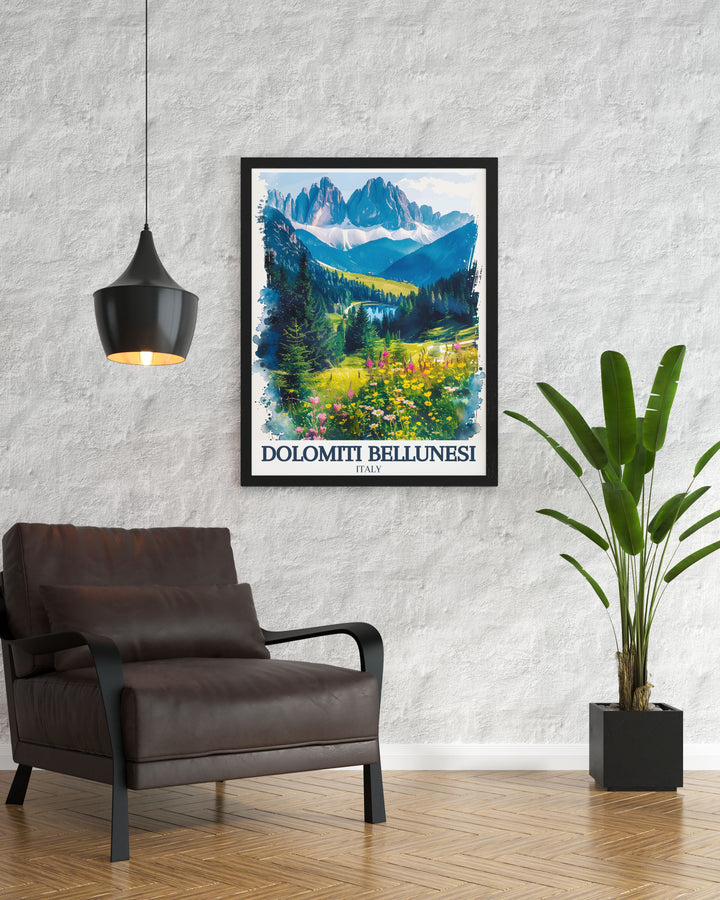 Italy travel poster highlighting the majestic peaks of the Dolomite range bringing the essence of Italys most picturesque landscapes into your home.