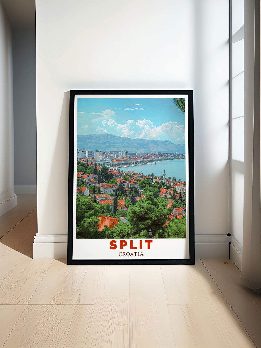 This travel poster highlights the dynamic culture of Split, inviting viewers to experience the vibrant streets and scenic views from Marjan Hill in Croatia.