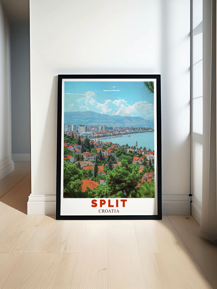 Featuring the iconic Split skyline and the towering Marjan Hill, this Croatia Travel Poster highlights the vibrant colors and dynamic energy of one of Croatias most famous destinations. This art print is ideal for home décor, capturing the essence of coastal travel and exploration.