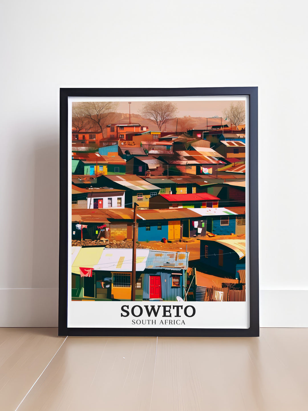 Johannesburg Travel Poster illustrating the historical significance of Soweto within Gauteng Province, highlighting the rich cultural heritage and the enduring spirit of its people, making it a must have for any art enthusiast.