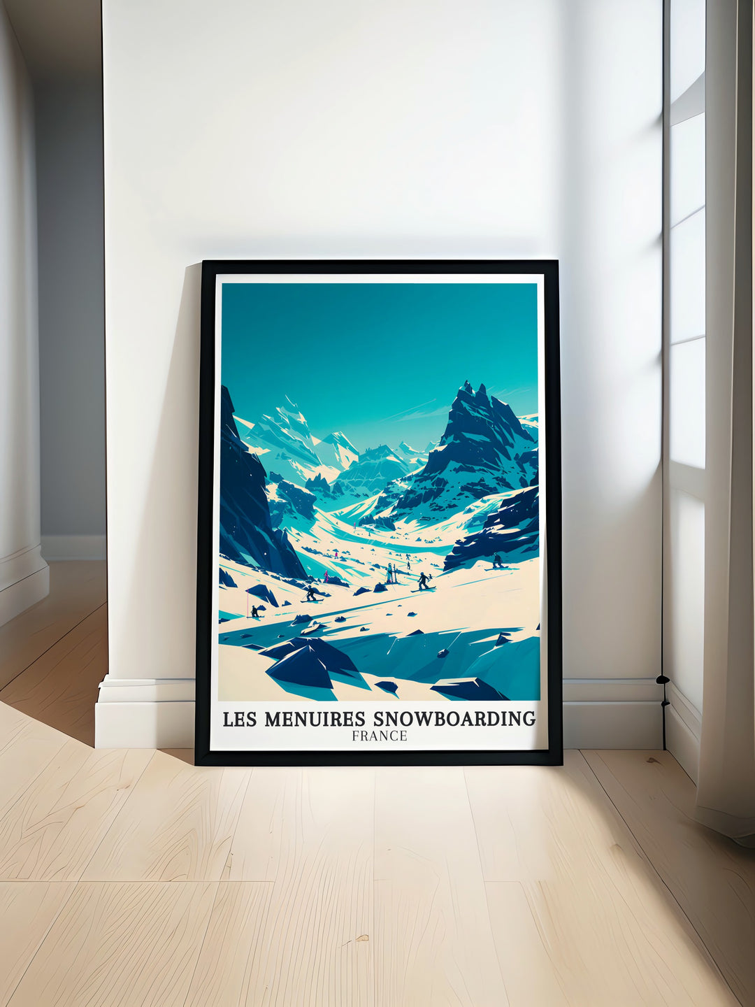 Les Menuires Three Valleys Snowboarding Poster showcasing the thrilling slopes of the French Alps a perfect addition to your home decor ideal for snowboarding and skiing enthusiasts who want to bring the adventure of the mountains into their living space