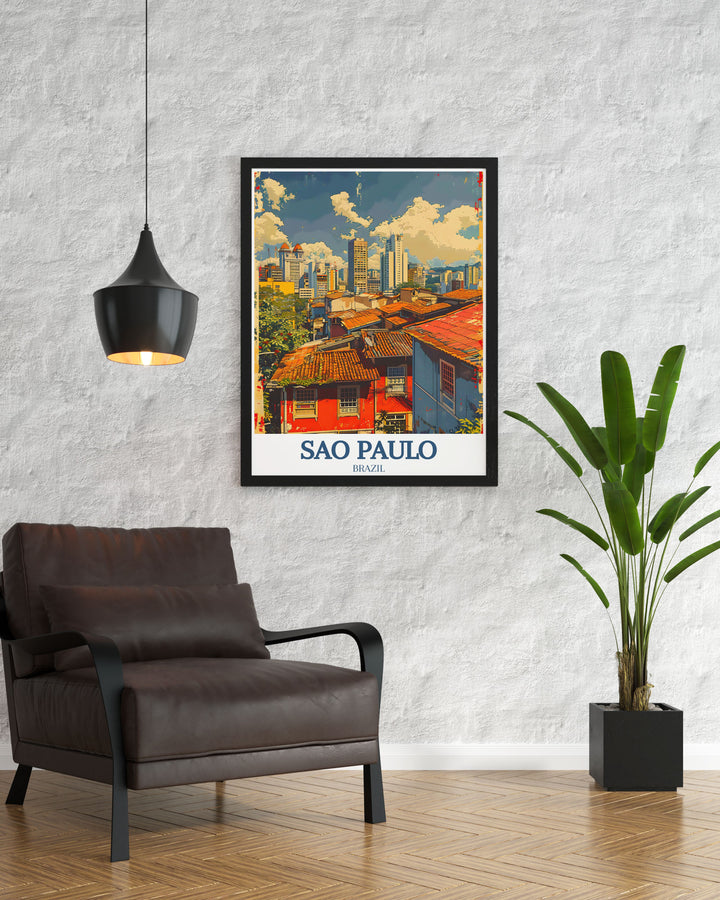 Vibrant poster showcasing the diverse architectural styles of the Sao Paulo skyline, from towering skyscrapers to historic landmarks, bringing the citys dynamic beauty into your home.