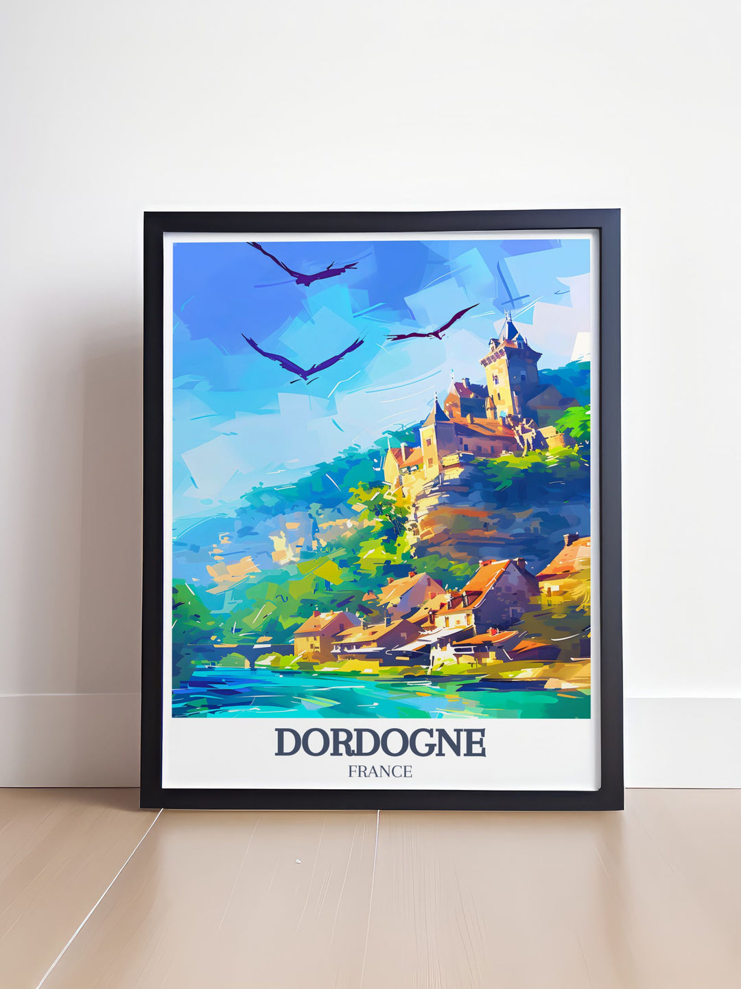 High quality Dordogne print depicting the iconic Chateau de Beynac and La Roque Gageac an elegant piece of France wall decor for your home or office