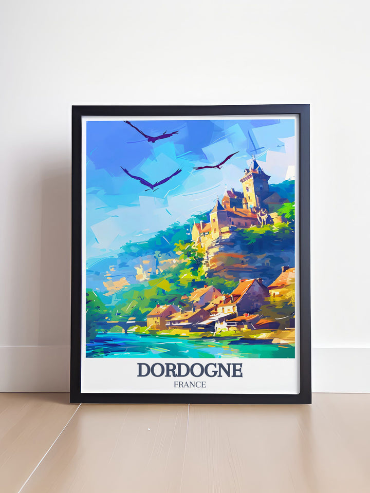 High quality Dordogne print depicting the iconic Chateau de Beynac and La Roque Gageac an elegant piece of France wall decor for your home or office