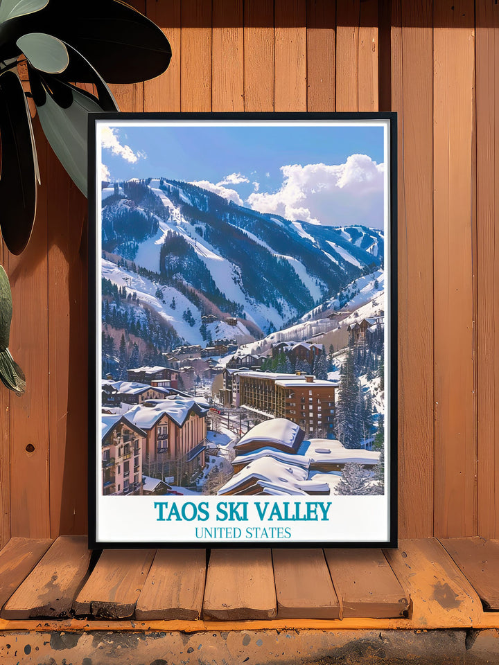 Delight in the charm of Taos Ski Valley with this art print, capturing the vibrant resort center and the areas historical significance.