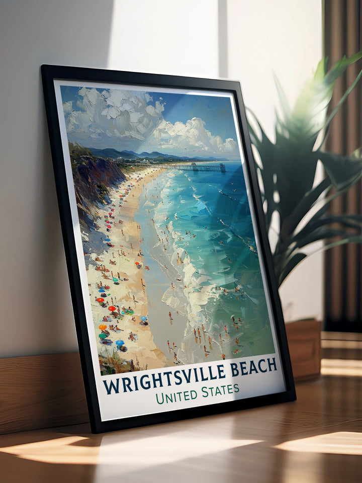 Exquisite canvas art depicting the picturesque setting of Wrightsville Beach, North Carolina. This print highlights the stunning sandy shores and crystal clear waters, making it an ideal addition to your home decor, celebrating the natural beauty of North Carolinas coast.