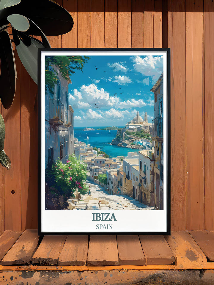 Ibiza Travel Poster capturing the essence of San Antonio Ibizas nightlife and the historical Dalt Vila Ibiza Old Town a perfect framed print for those who love Ibizas vibrant club scene and rich cultural heritage