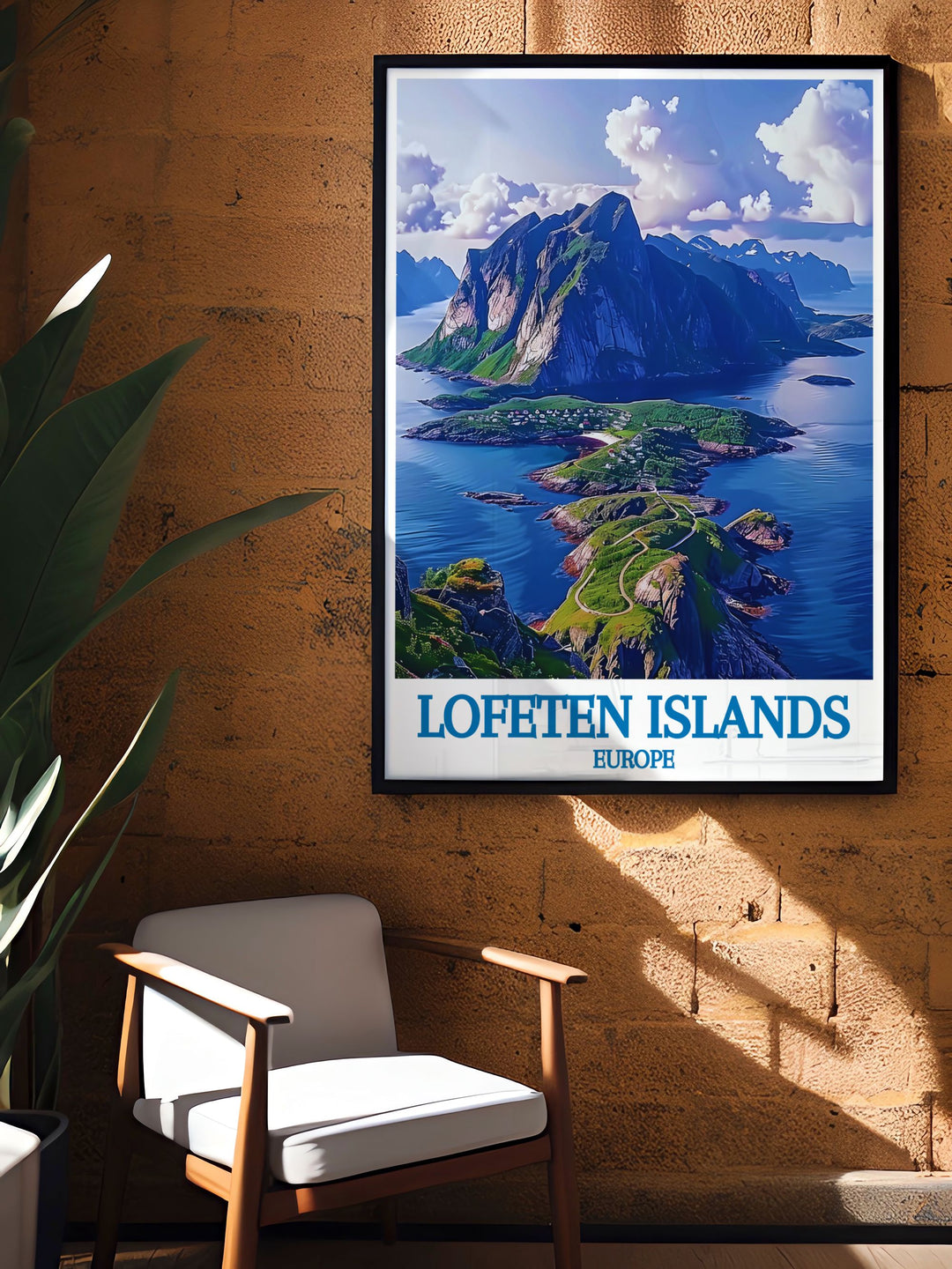 Gallery wall art of Reinebringen in the Lofoten Islands, Norway, featuring the panoramic views of the village of Reine and the surrounding mountains. The print captures the breathtaking vistas and the peaceful atmosphere, offering a captivating depiction of the Norwegian coast.