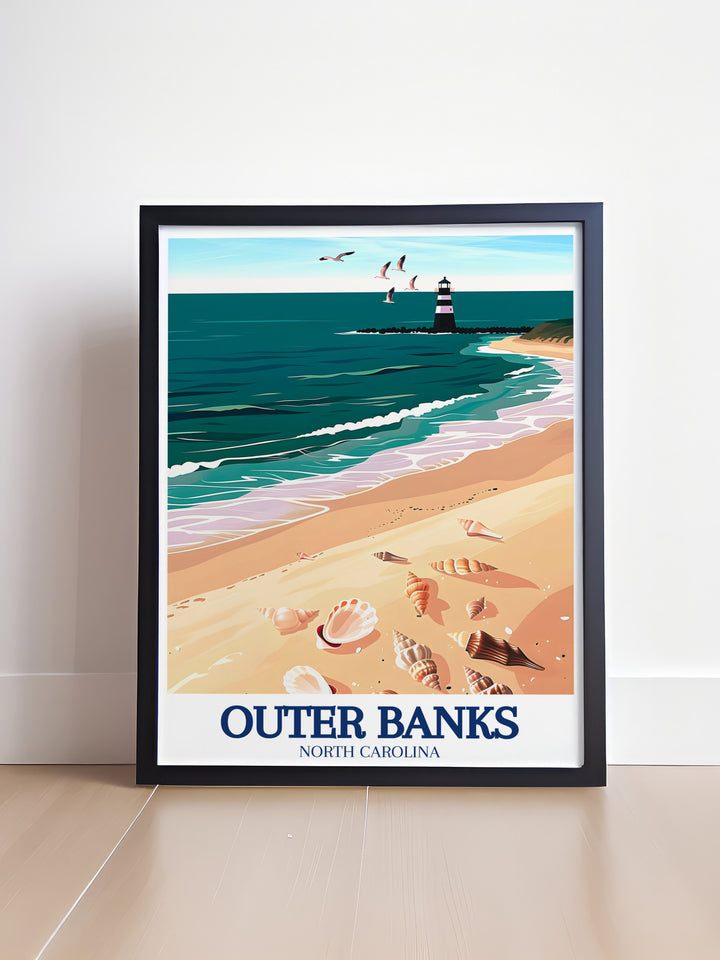 Cape Hatteras Lighthouse Travel Poster showcasing the historic and architectural beauty of one of Americas most famous lighthouses. The poster captures the essence of the Outer Banks with its detailed artwork, making it a must have for history buffs and fans of coastal scenery.