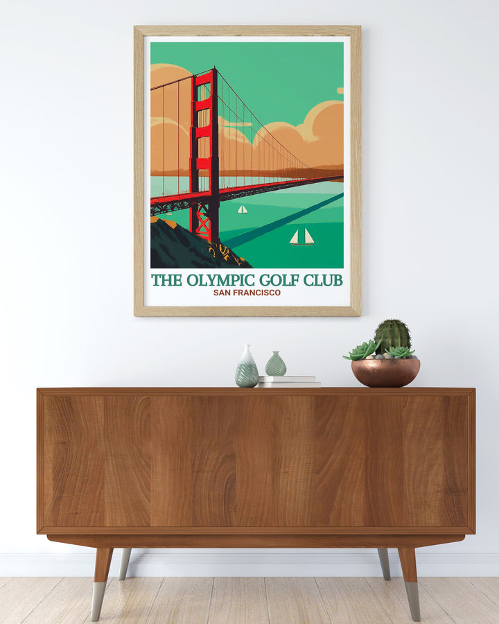 Discover the serene beauty of the Olympic Golf Club with this vintage style poster featuring the Golden Gate Bridge. The artwork reflects the timeless charm of the course and the iconic landmark, offering a perfect blend of sport and art for your home or office