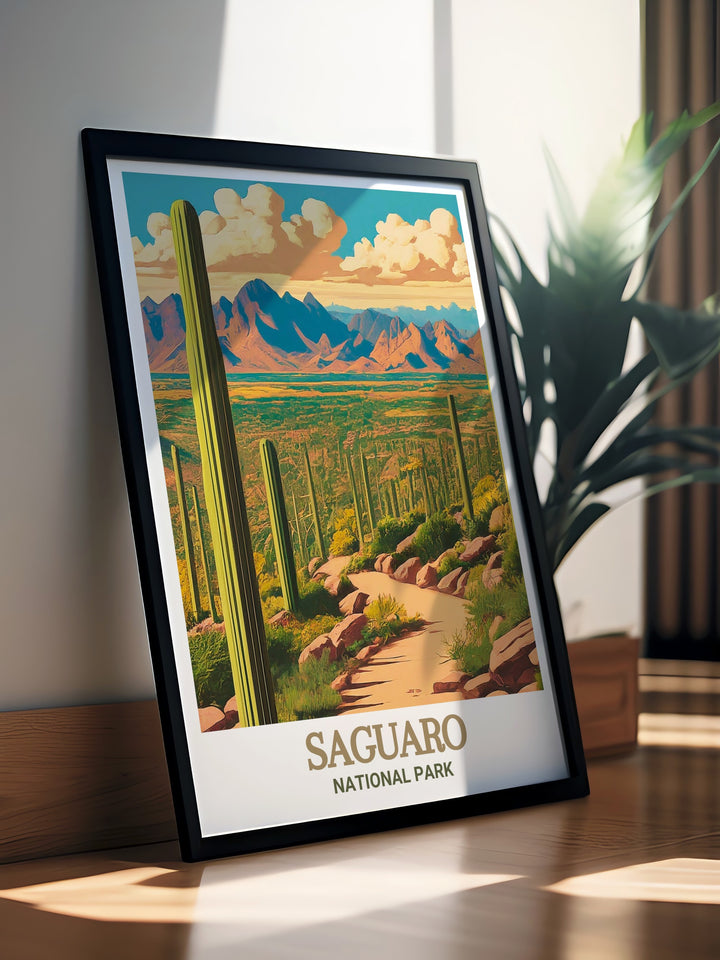 Celebrate the timeless beauty of Arizonas deserts with this Saguaro National Park framed art, featuring a detailed depiction of the Valley View Overlook Trail and the iconic saguaros that define this rugged landscape.