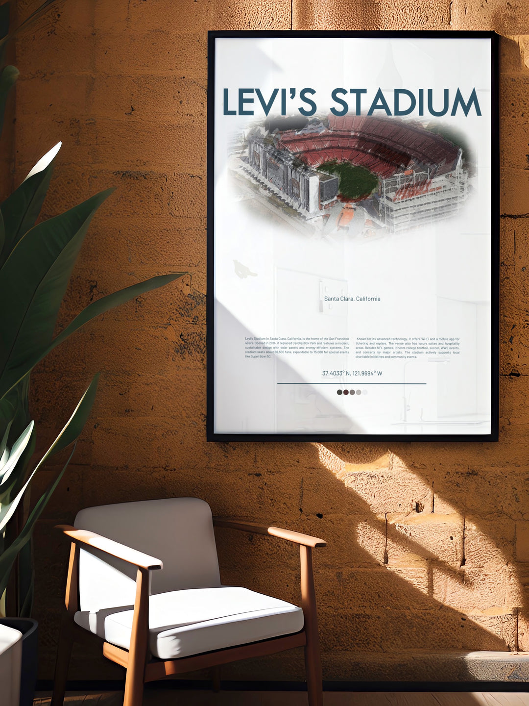 Vintage NFL Print featuring the skillful moves of Deebo Samuel Nick Bosa and George Kittle with Levis Stadium a must have for any 49ers fan looking for a unique and vibrant piece of wall art to showcase their team spirit