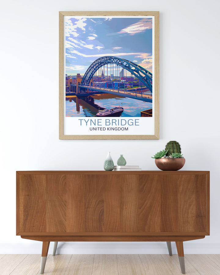 Tyne Bridge Modern Prints perfect for stunning living room decor. This artwork features detailed imagery of Newcastle Upon Tynes skyline with the iconic Tyne Bridge making it a captivating addition to any space with its blend of history and modernity