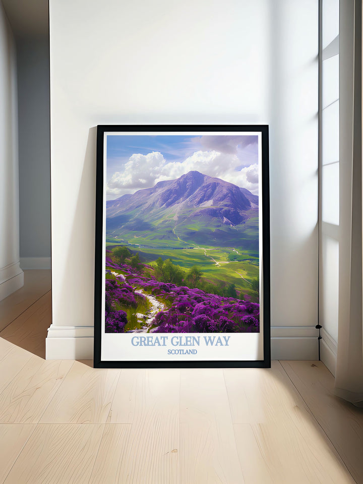Highlighting the historic route of the Great Glen Way, this travel poster captures the essence of Scotlands scenic trail, ideal for nature lovers and history buffs alike.