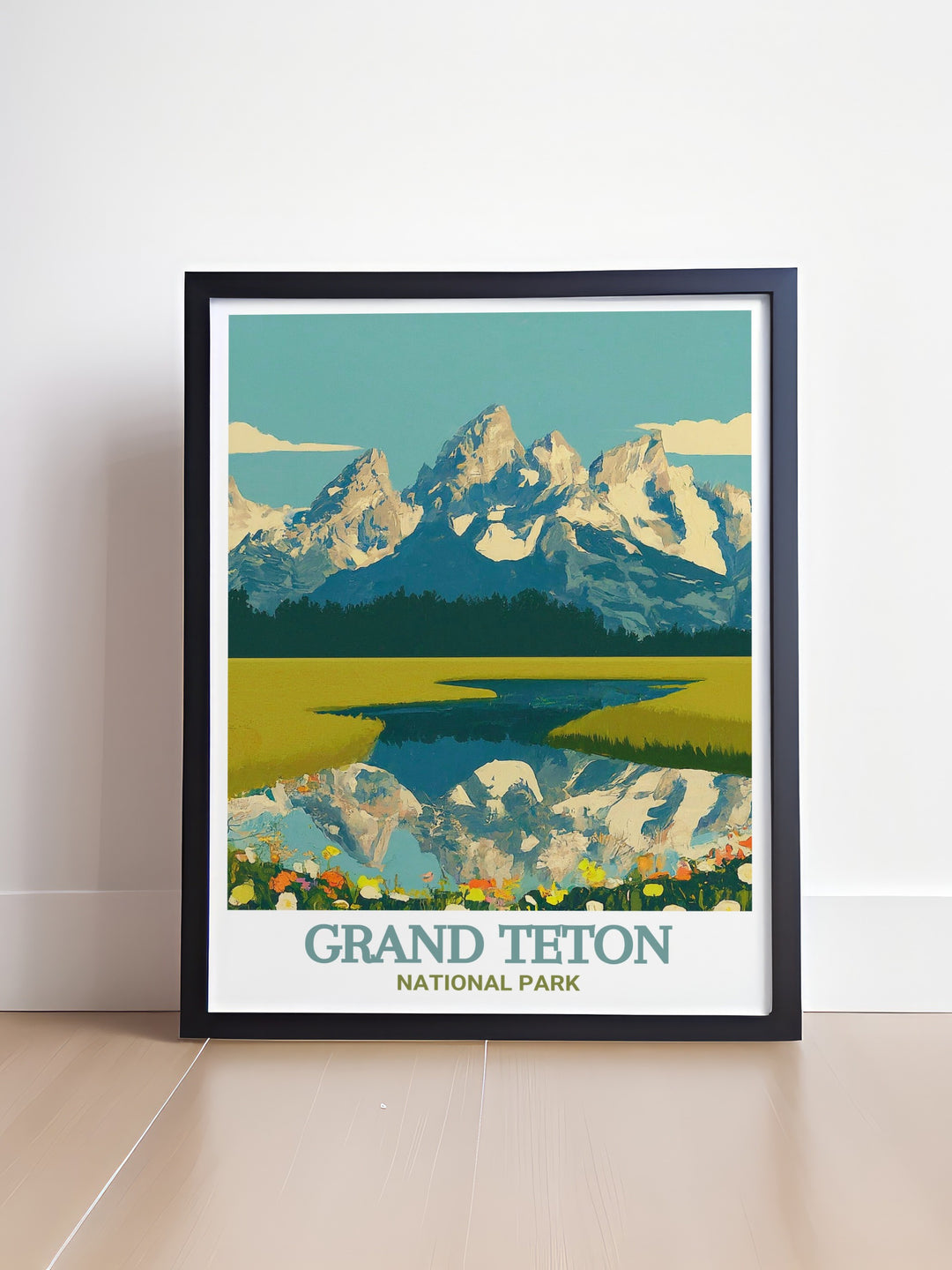 Grand Teton travel poster capturing the majestic beauty of the Teton Range in Grand Teton National Park. This artwork highlights the rugged peaks, pristine lakes, and lush forests, bringing the natural splendor of one of Americas most iconic national parks into your home, perfect for nature enthusiasts.