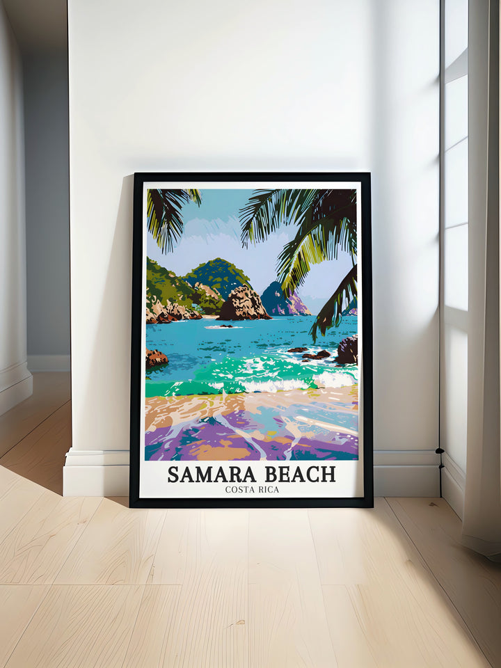 Samara Beach and the nearby Isla Chora and Whale Tails Rocks are highlighted in this detailed travel print, making it an ideal gift for those who love Costa Ricas breathtaking coastlines and natural beauty.