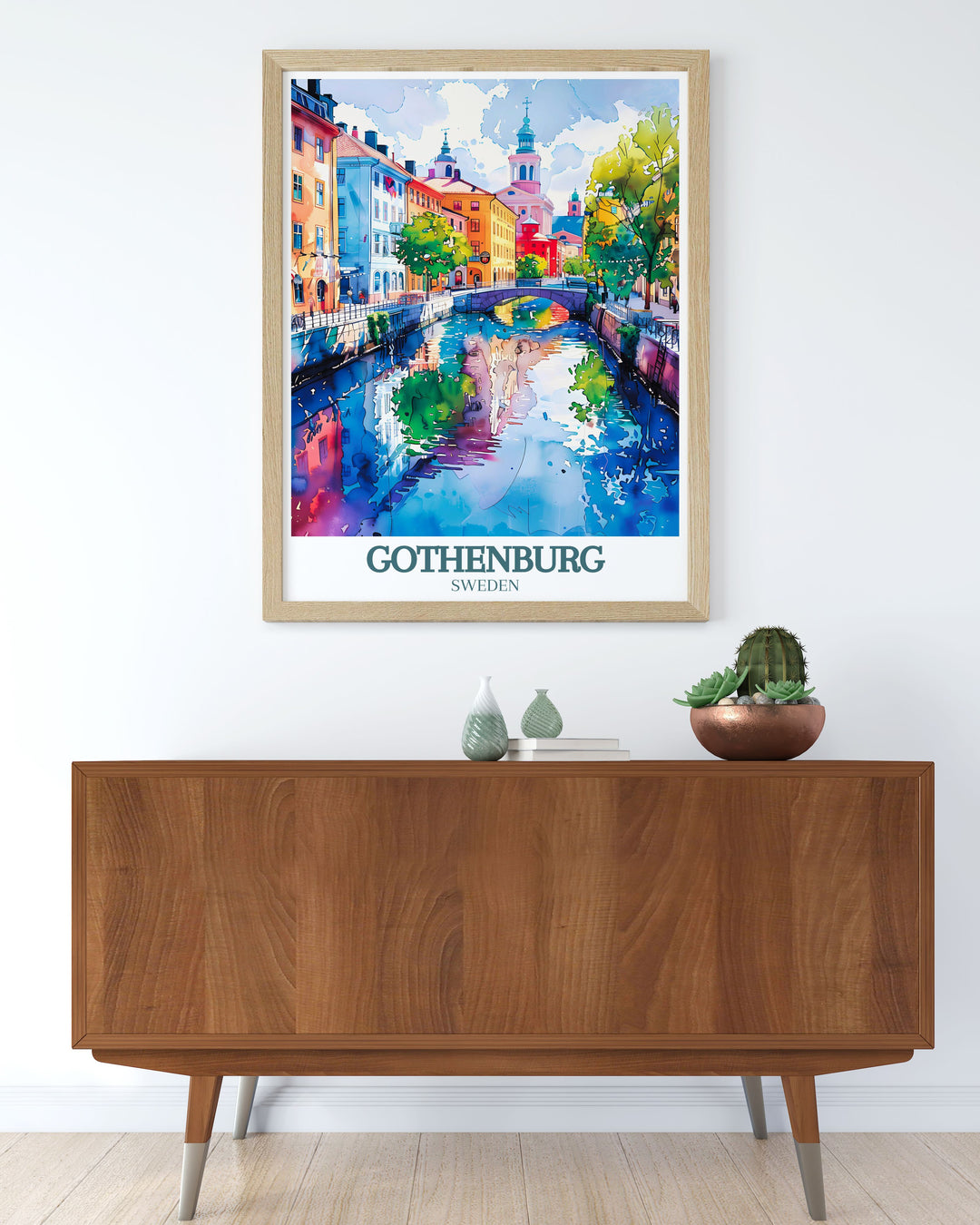 Highlighting the serene beauty of Gothenburgs canals, this travel poster captures the charm and tranquility of the citys waterways. Ideal for urban explorers and nature lovers, this artwork brings a touch of Swedish elegance to your home decor.