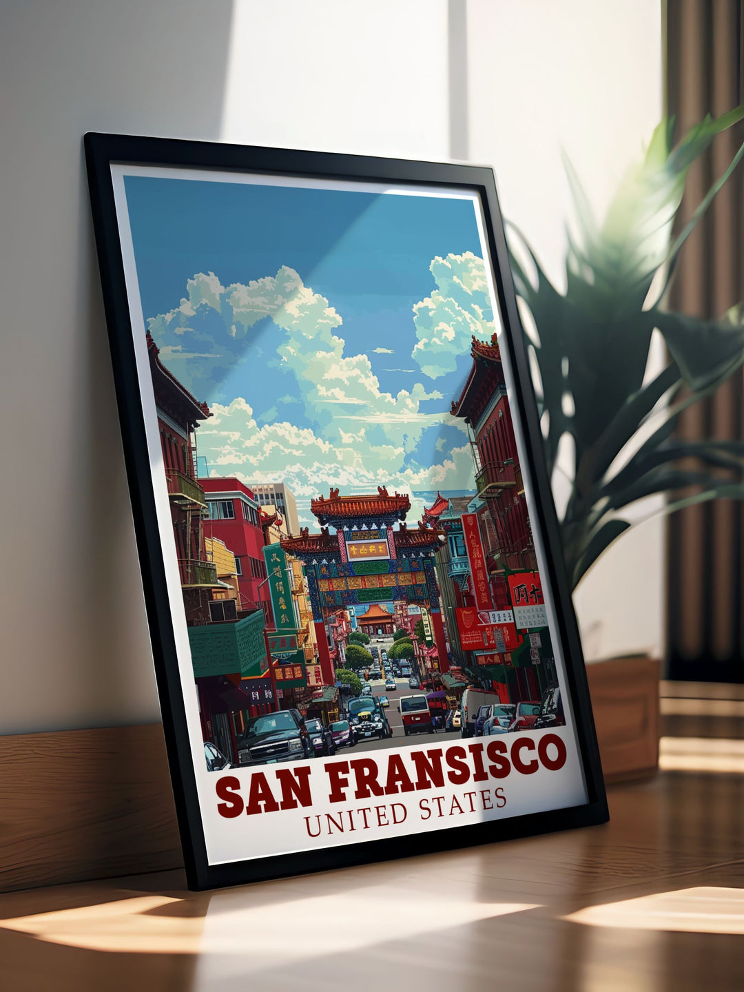 Vintage Americana print of the Golden Gate Bridge and Dragons Gate offers a breathtaking view of San Francisco perfect for those who love American road trips and elegant home decor