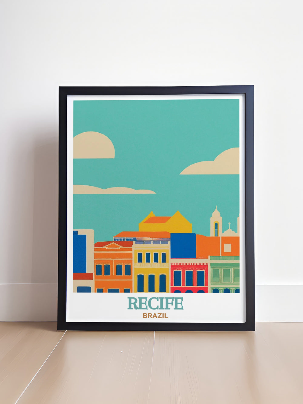 Brazil travel print of Recife Antigo, capturing the blend of old world charm and modern energy in Brazils historic district. The artwork is a vibrant representation of Recifes colorful streets, perfect for art lovers and travelers alike.